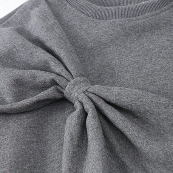 Grey Casual Women's Solid Color Long Sleeve Sweatshirt With Bow Decoration - Picture 5 of 6